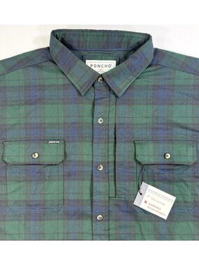 Poncho Mens Shirt Midweight Performance Flannel Sz 2XL Blue Green Plaid Outdoors